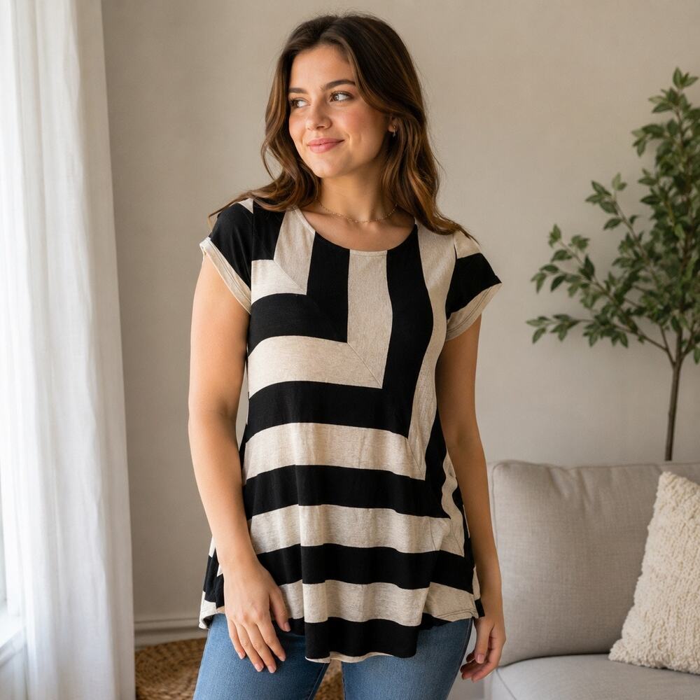 Emerald Tunic Top L Black Beige Striped Colorblock Short Sleeve Stretch Made USA